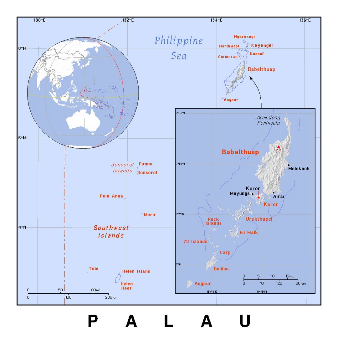 Detailed political map of Palau with relief