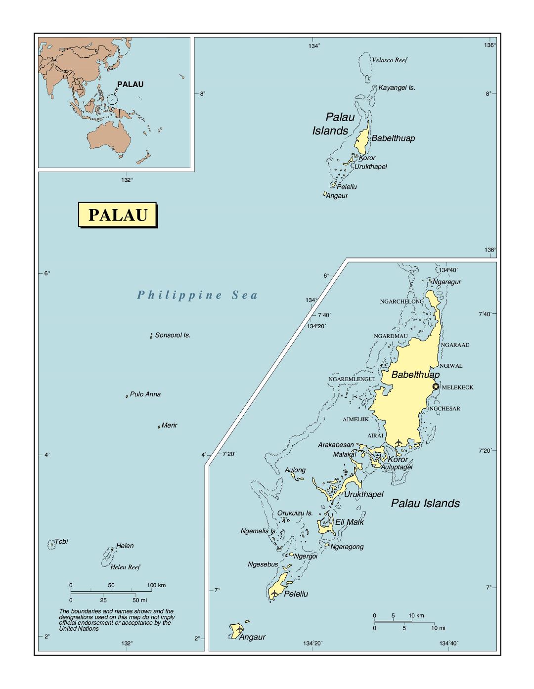 Large detailed political map of Palau with cities and airports