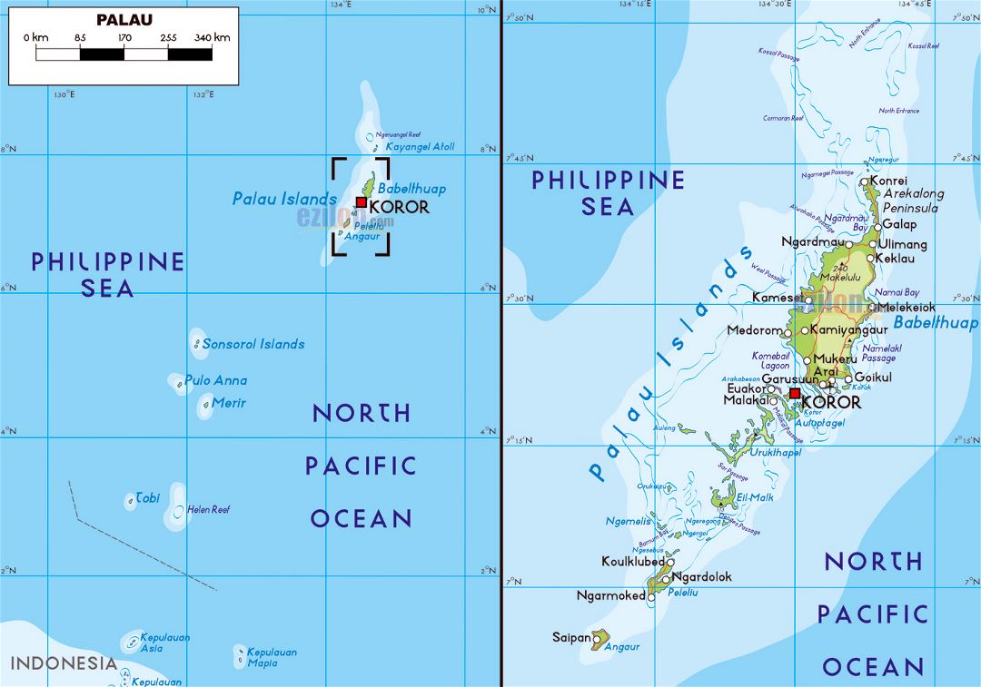 Large physical map of Palau with roads, cities and airports