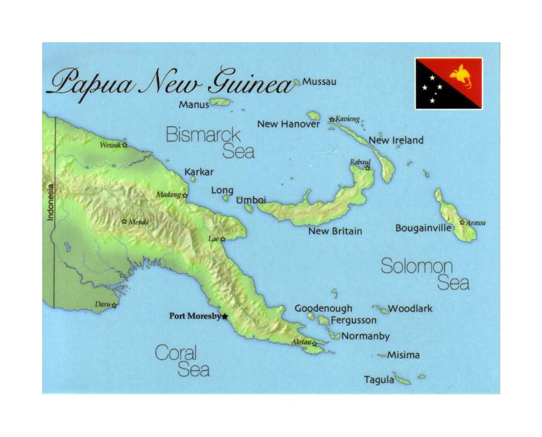 Detailed map of Papua New Guinea with flag