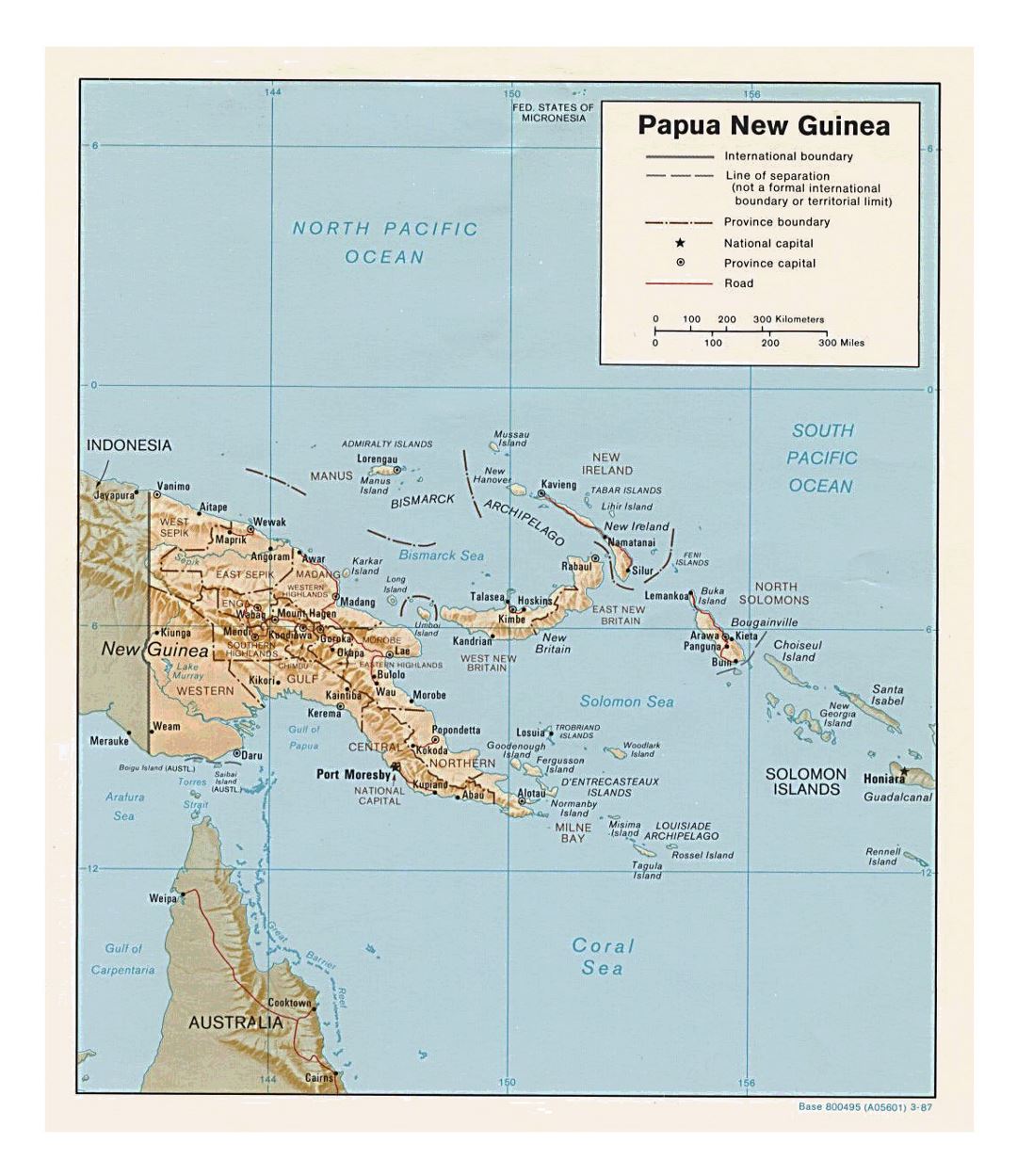 Detailed political and administrative map of Papua New Guinea with relief, roads and cities - 1987
