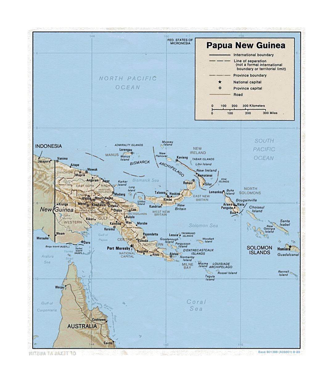Detailed political and administrative map of Papua New Guinea with relief, roads and cities - 1989