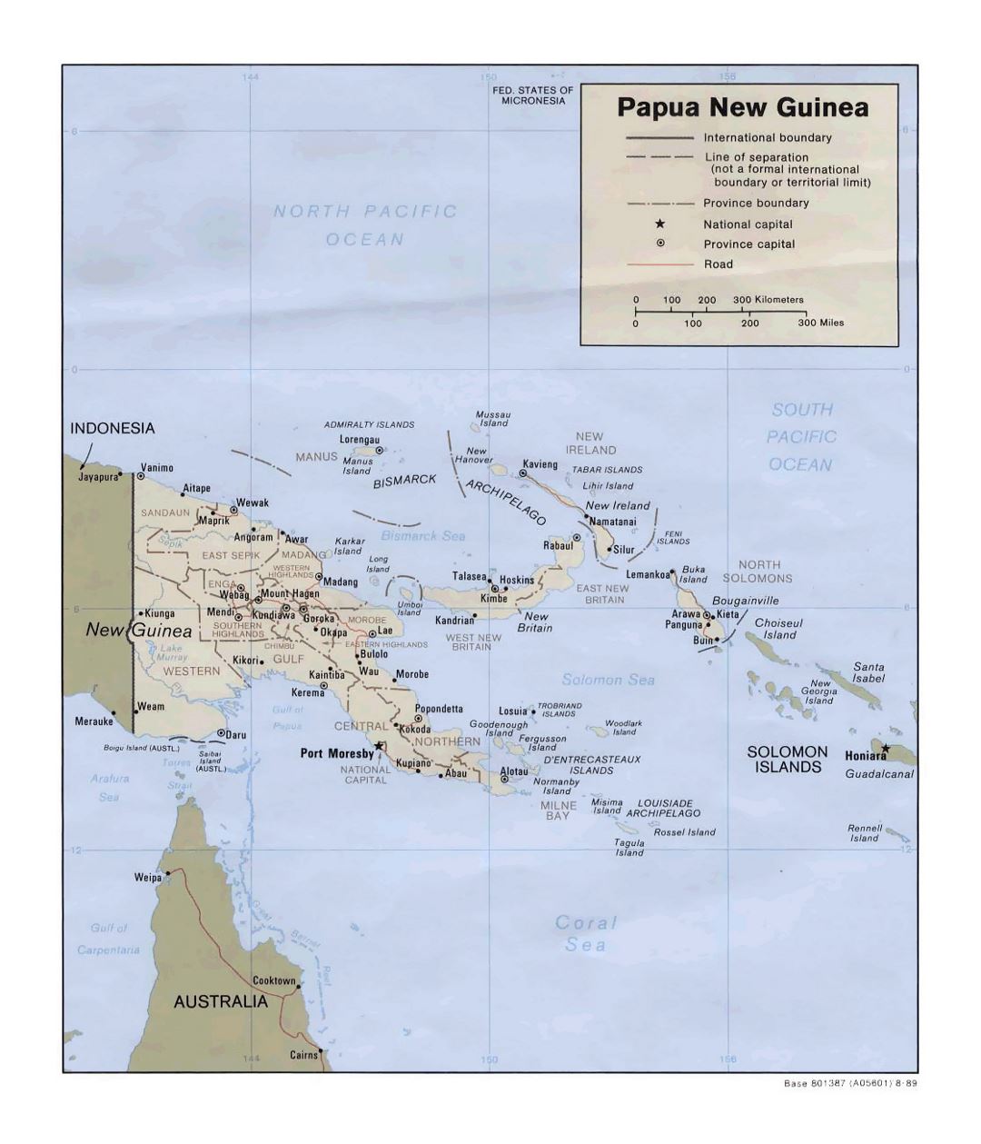 Detailed political and administrative map of Papua New Guinea with roads and cities - 1989