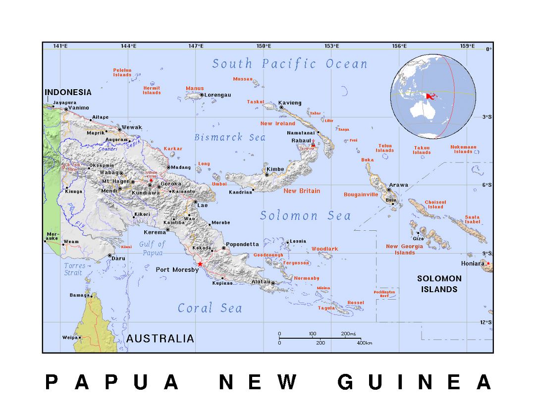 Detailed political map of Papua New Guinea with relief