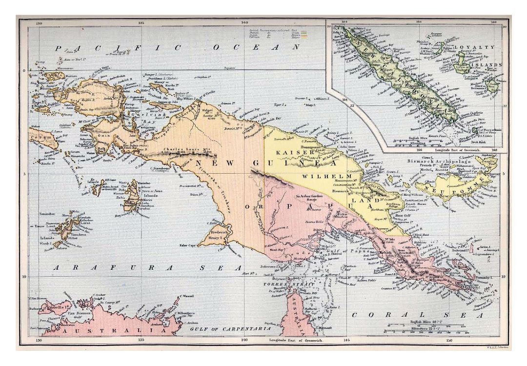 Large detailed old map of New Guinea and New Caledonia - 1884