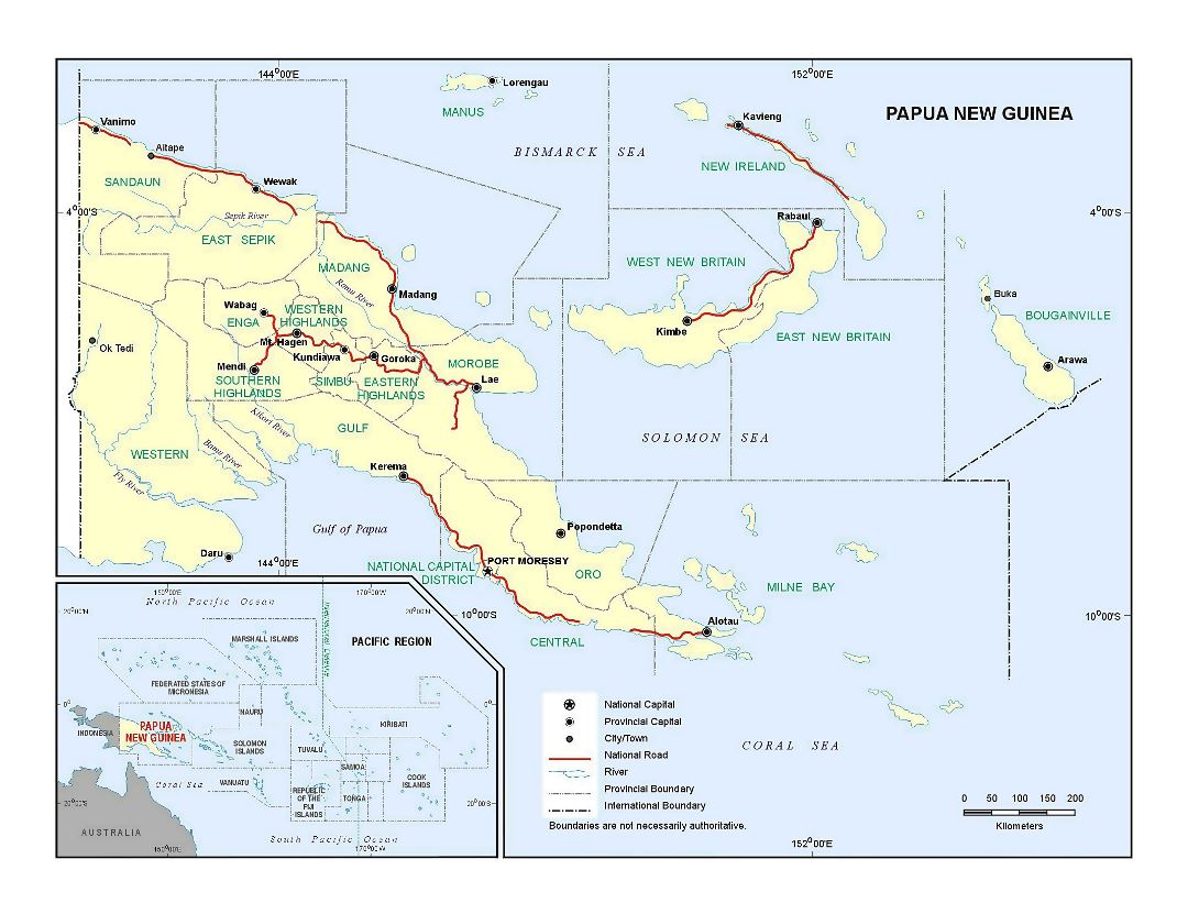 Large detailed political and administrative map of Papua New Guinea with major roads, large cities and rivers