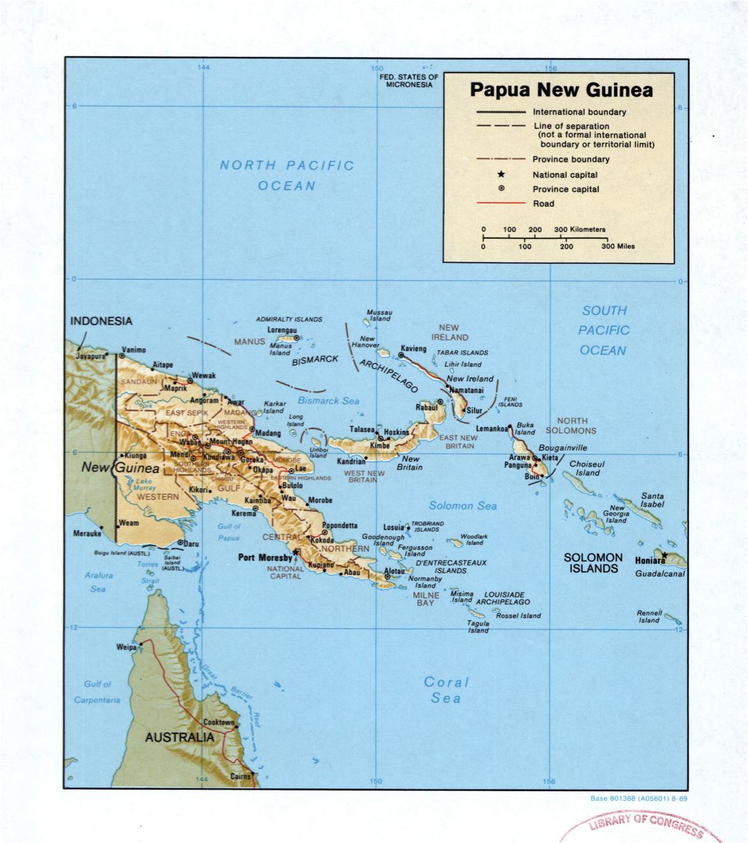 Large detailed political and administrative map of Papua New Guinea with relief, roads and cities - 1989