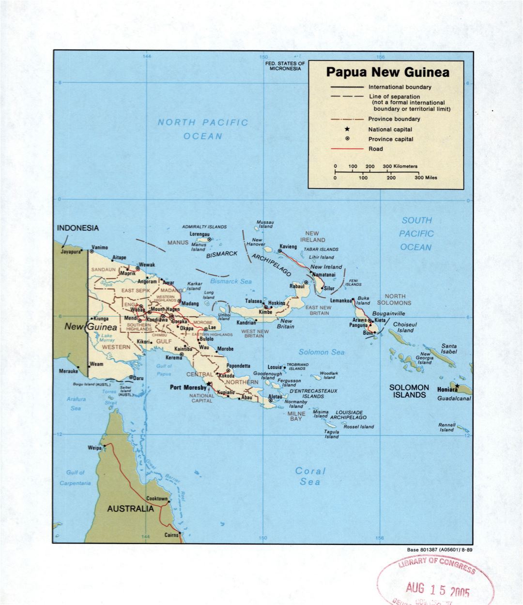 Large detailed political and administrative map of Papua New Guinea with roads and cities - 1989