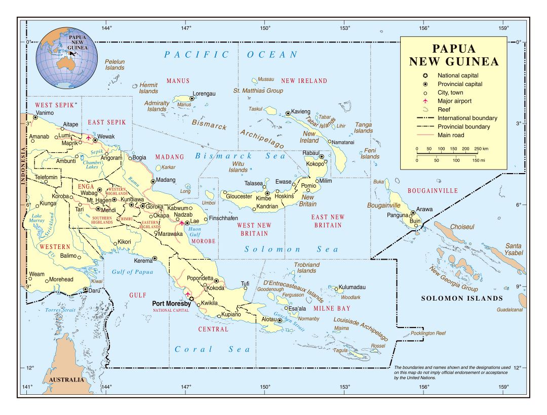 Large detailed political and administrative map of Papua New Guinea with roads, major cities, cities, towns and airports