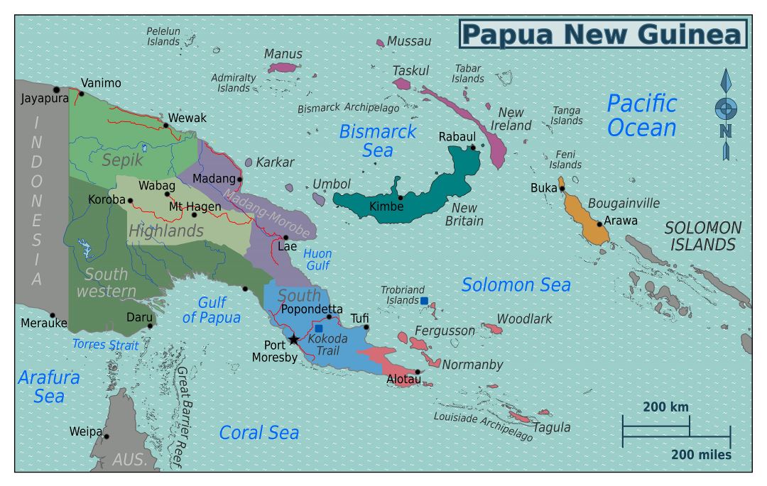 Large detailed regions map of Papua New Guinea