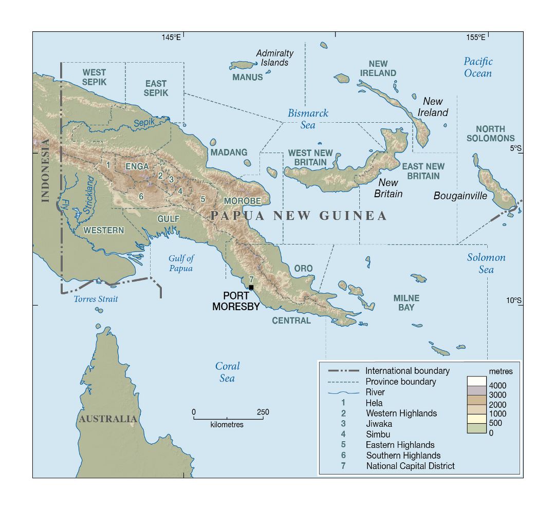 Large elevation map of Papua New Guinea with other marks