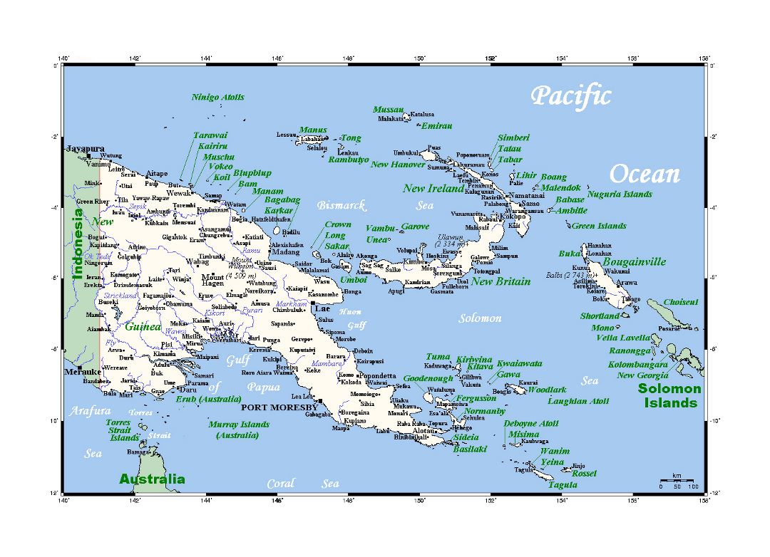 Large map of Papua New Guinea with cities