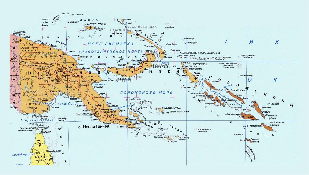 Large map of Papua New Guinea with other marks in russian