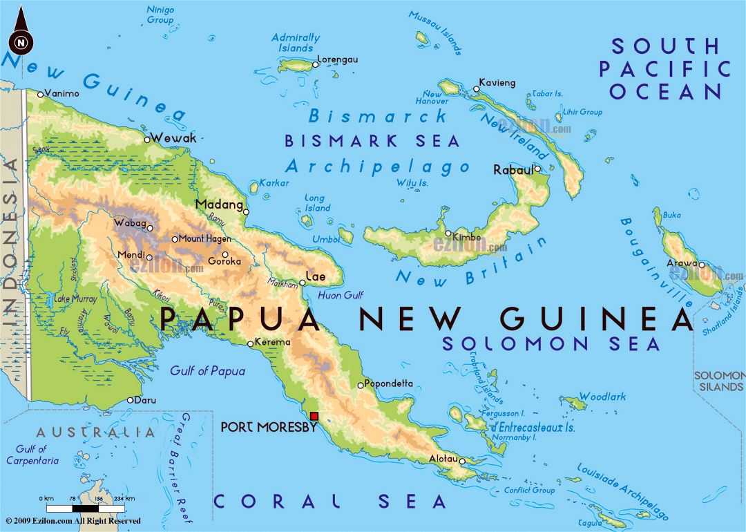 Large physical map of Papua New Guinea with major cities