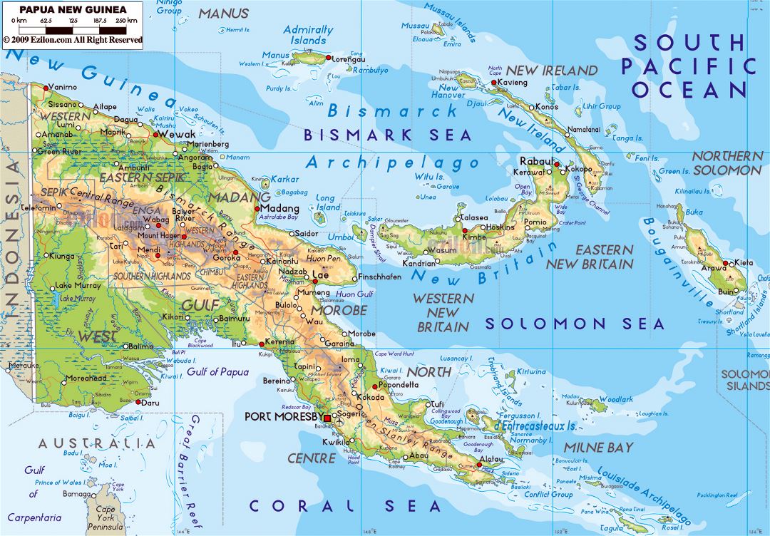 Large physical map of Papua New Guinea with roads, cities and airports