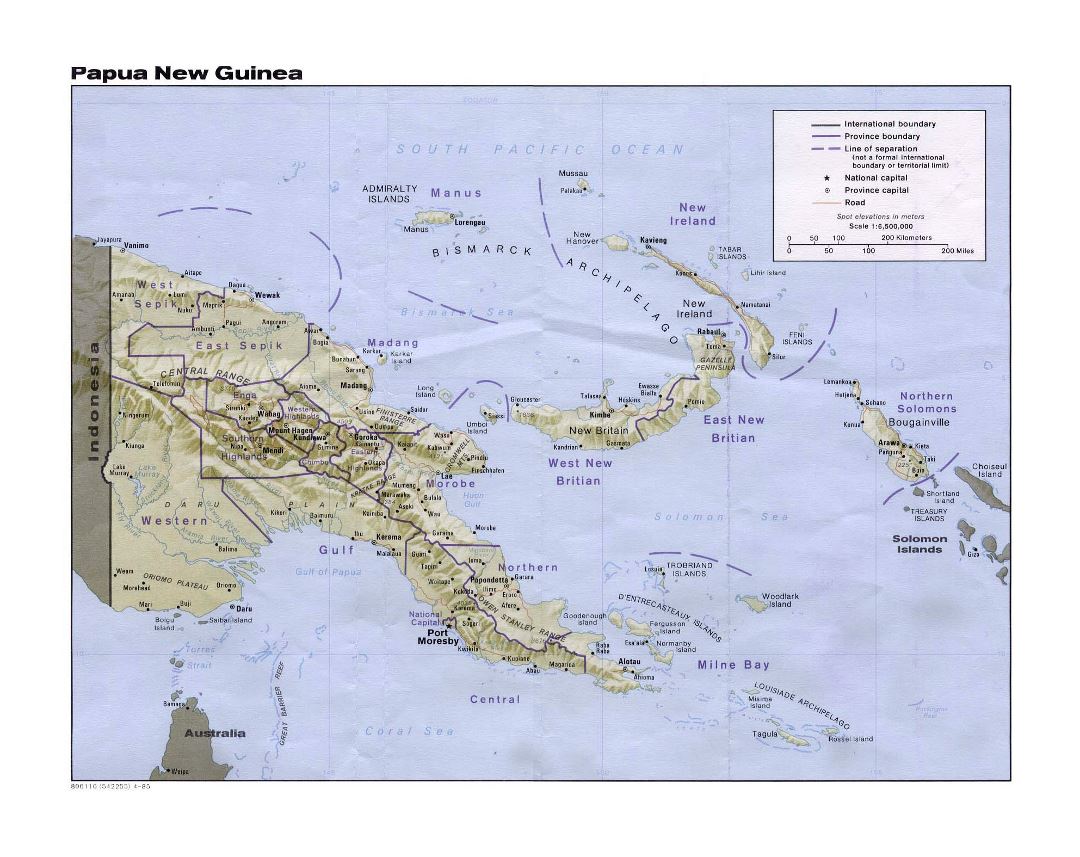 Large political and administrative map of Papua New Guinea with relief, roads and cities - 1985