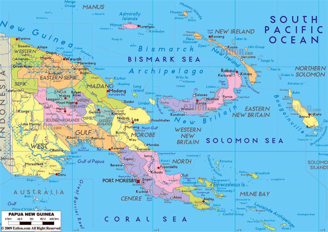 Large political and administrative map of Papua New Guinea with roads, cities and airports