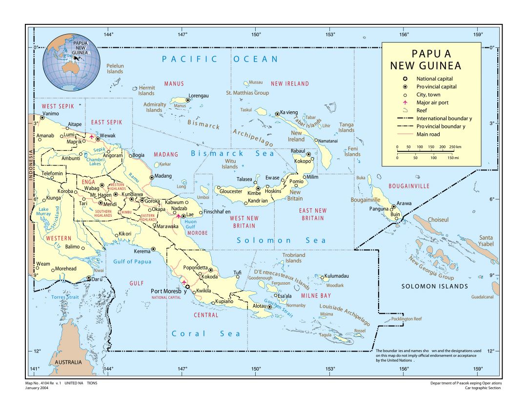 Large political and administrative map of Papua New Guinea with roads, cities, towns and airports