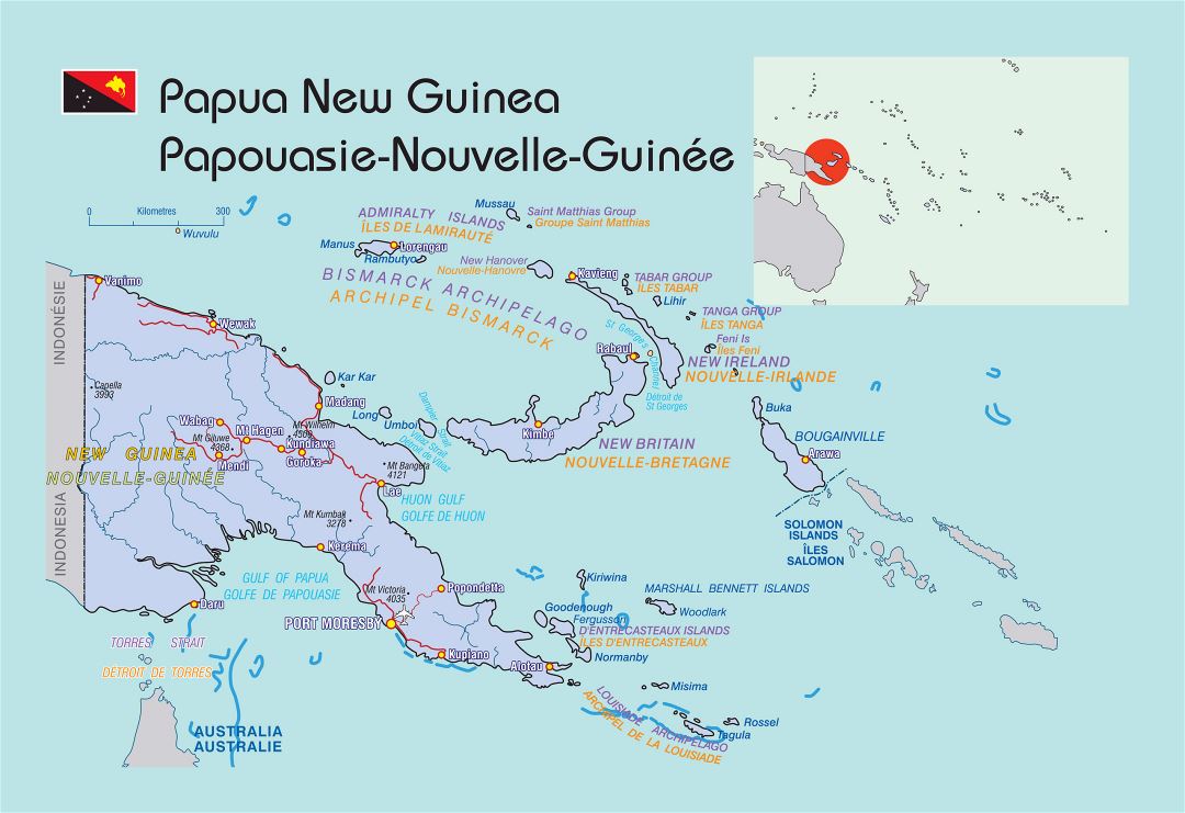 Large political map of Papua New Guinea with roads and cities