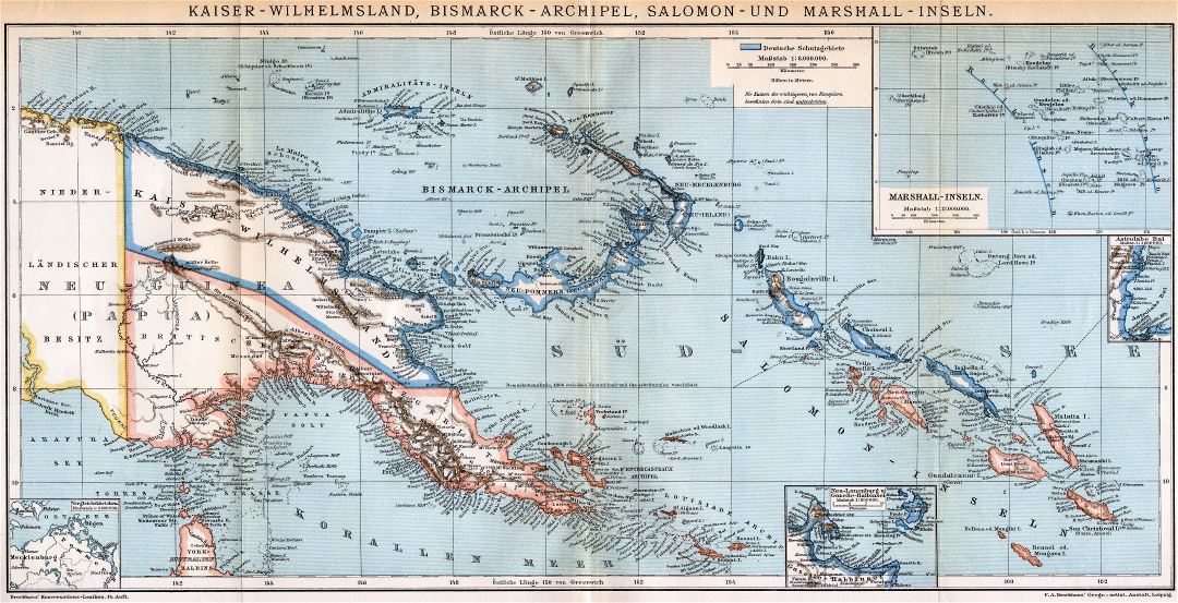 Large scale old political map of Papua New Guinea with relief - 1894-96