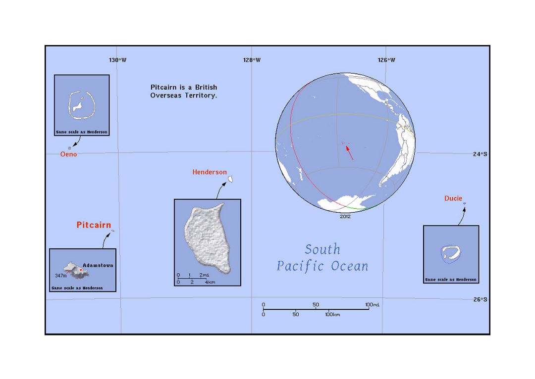 Detailed political map of Pitcairn Islands with relief