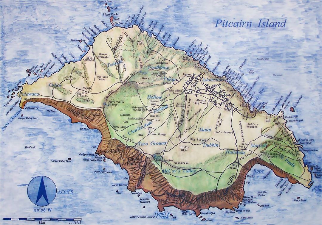 Large map of Pitcairn Island with relief, roads and other marks