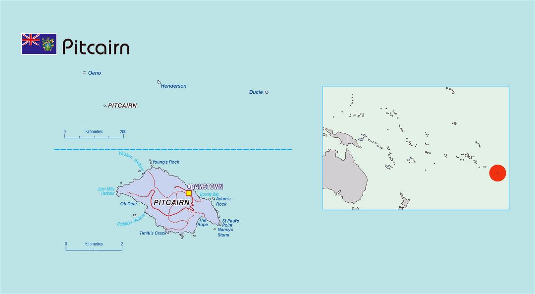 Large political map of Pitcairn Islands with roads and town