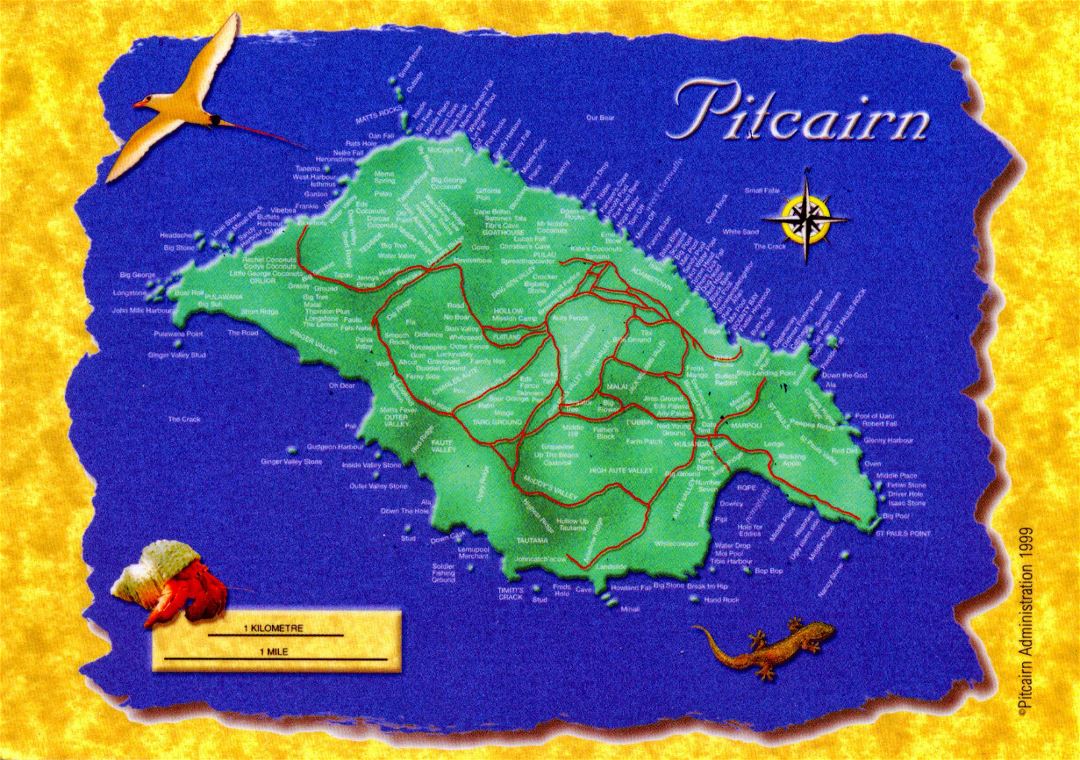 Large postcard map of Pitcairn Island
