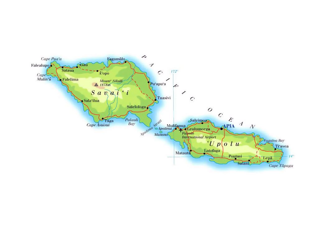 Detailed elevation map of Samoa with roads, cities and airports