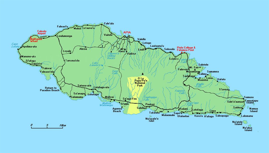 Detailed map of Upolu Island, Samoa with roads, cities and other marks