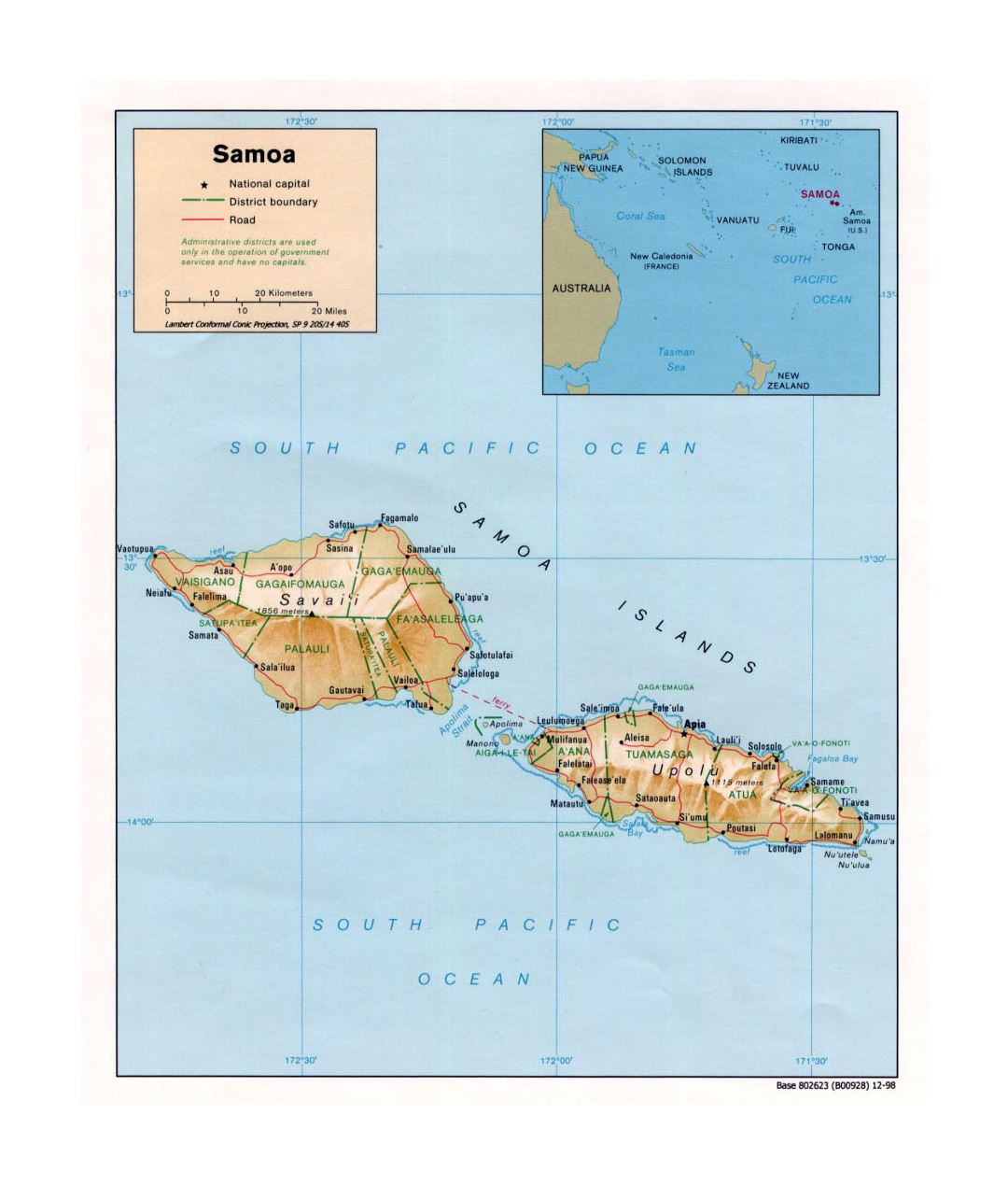 Detailed political and administrative map of Samoa with relief, roads and cities - 1998