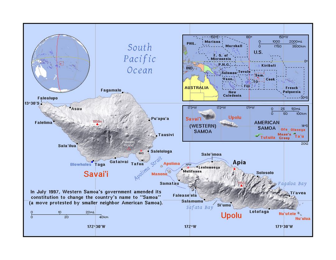 Detailed political map of Samoa with relief