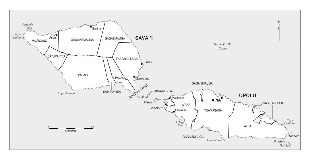 Large administrative map of Samoa with cities