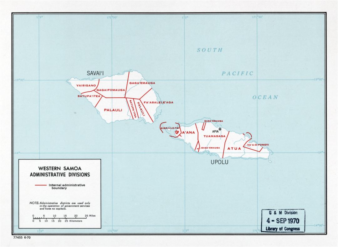 Large detailed administrative divisions map of Western Samoa - 1970