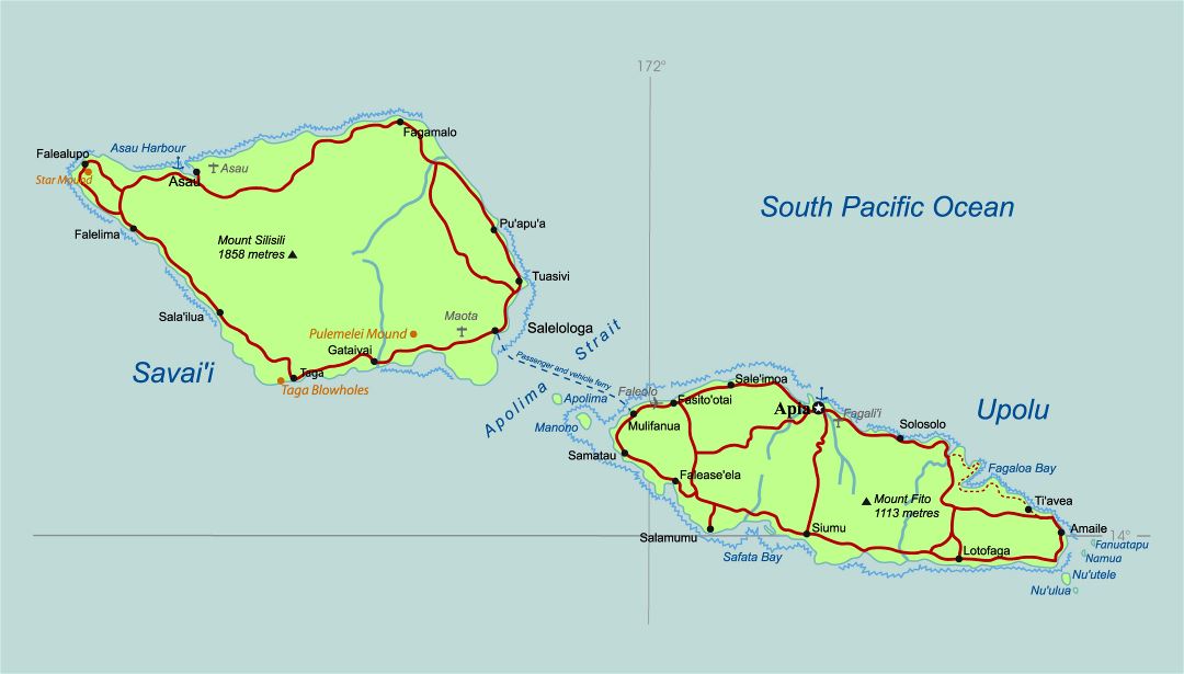 Large detailed map of Samoa with roads, cities, airports and ports