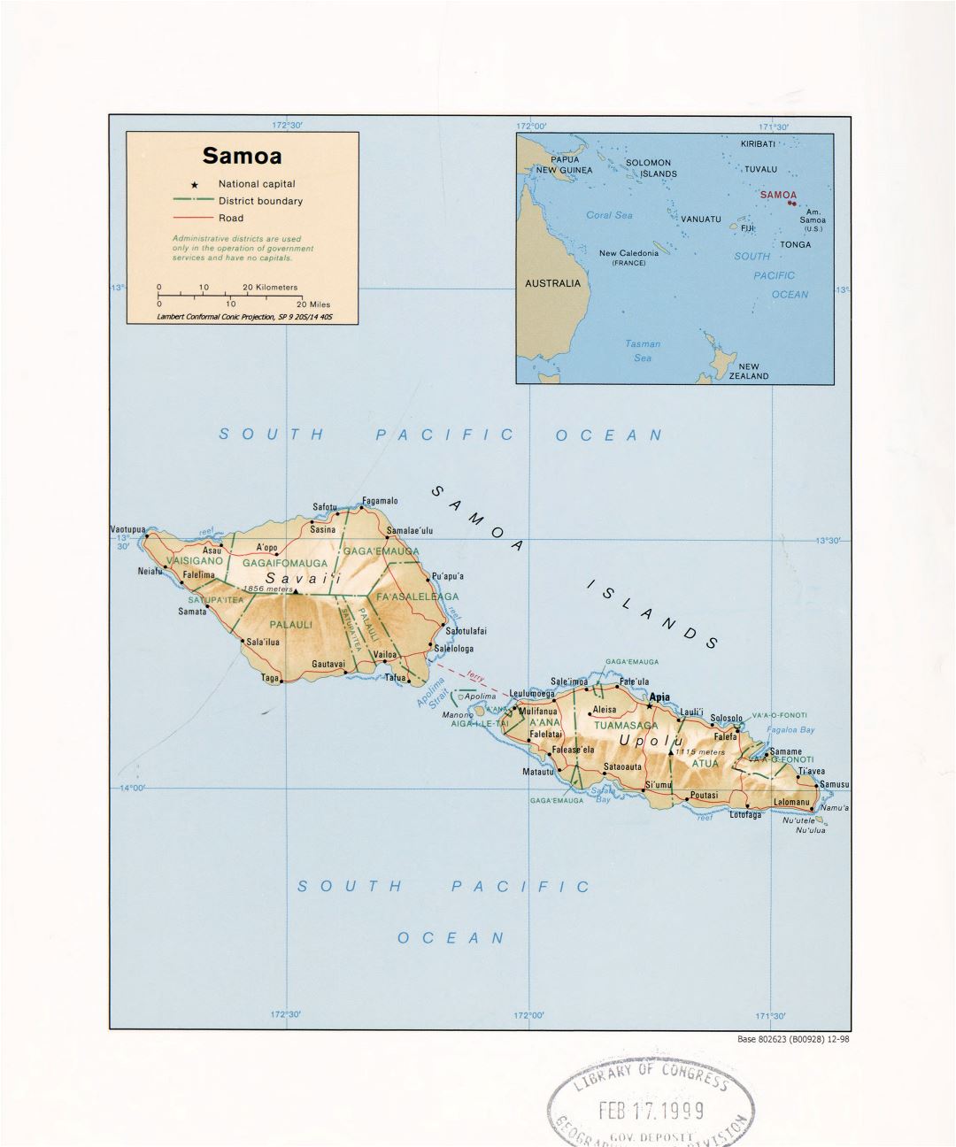 Large detailed political and administrative map of Samoa with relief, roads and cities - 1998