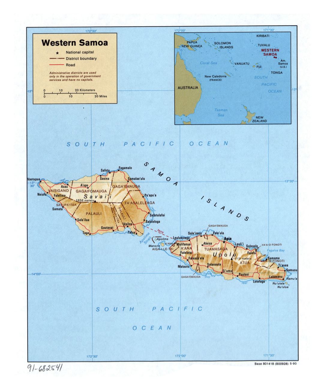 Large detailed political and administrative map of Western Samoa with relief, roads and cities - 1990