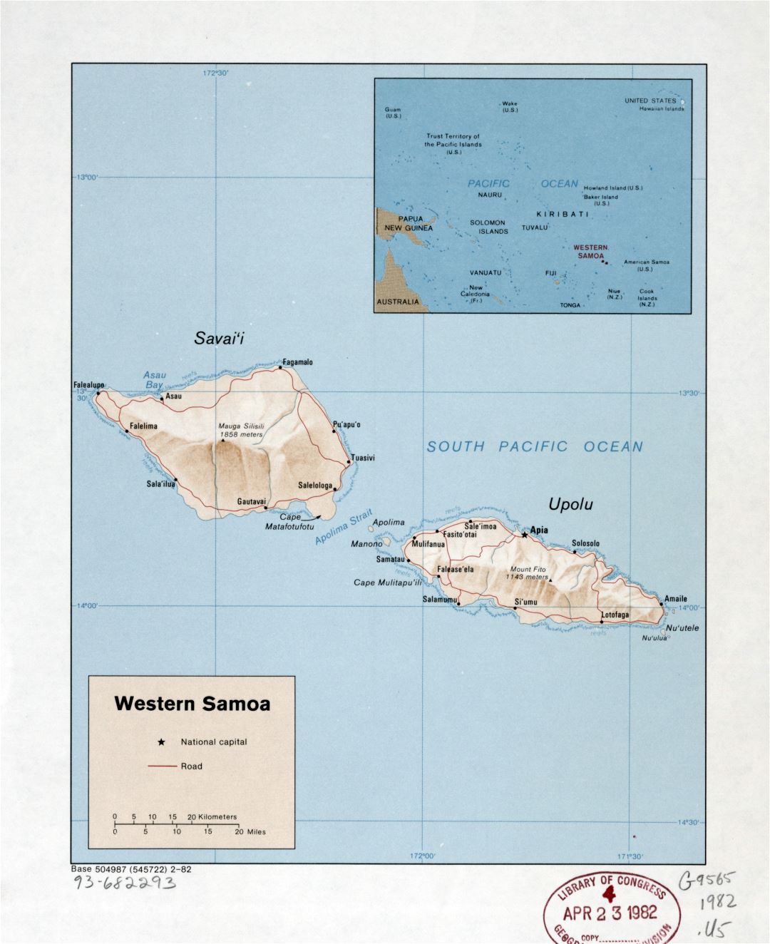 Large detailed political map of Western Samoa with relief, roads and cities - 1982