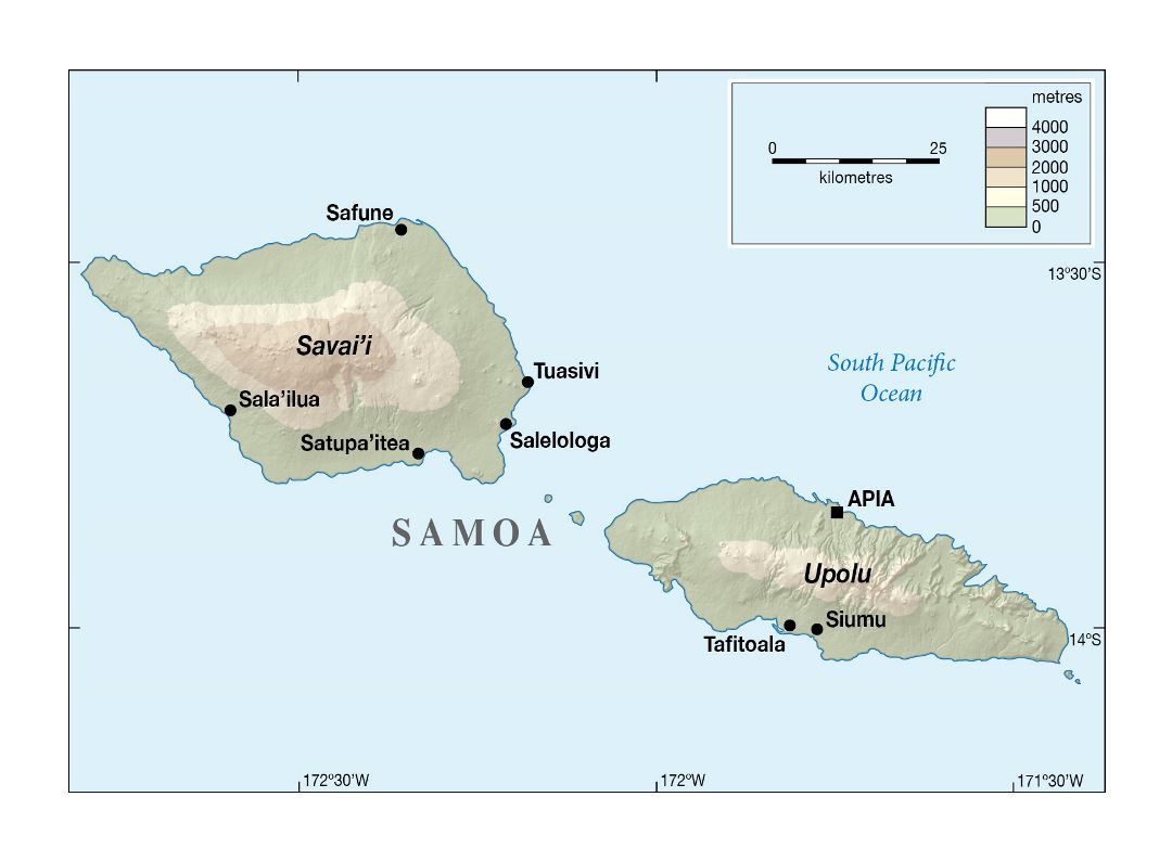 Large elevation map of Samoa with cities