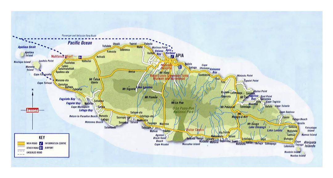 Large map of Upolu Island, Samoa with roads, cities and other marks