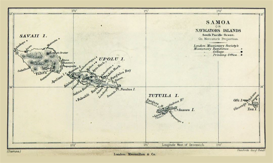Large old map of Samoa with relief - 1884