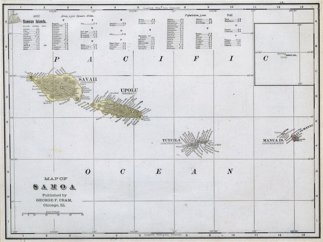 Large old map of Samoa with relief - 1896