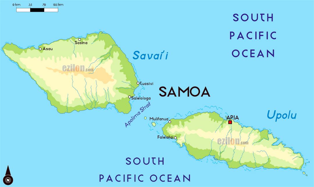 Large physical map of Samoa with major cities