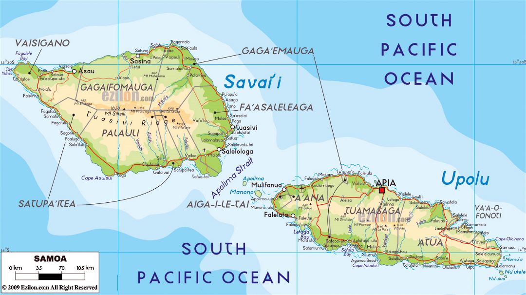Large physical map of Samoa with roads, cities and airports