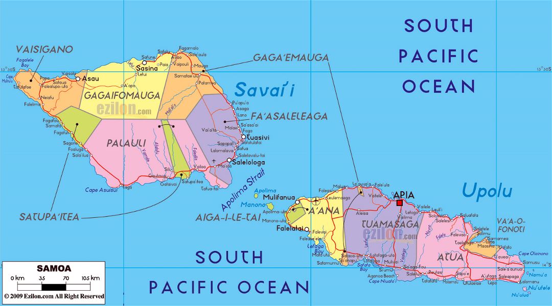 Large political and administrative map of Samoa with roads, cities and airports