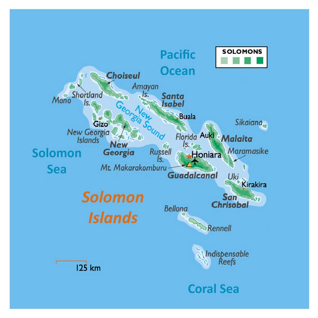 Detailed elevation map of Solomon Islands with other marks