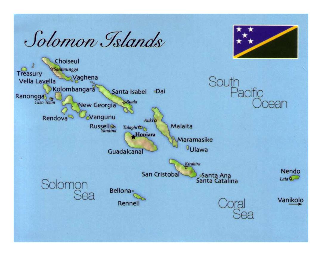 Detailed map of Solomon Islands with flag