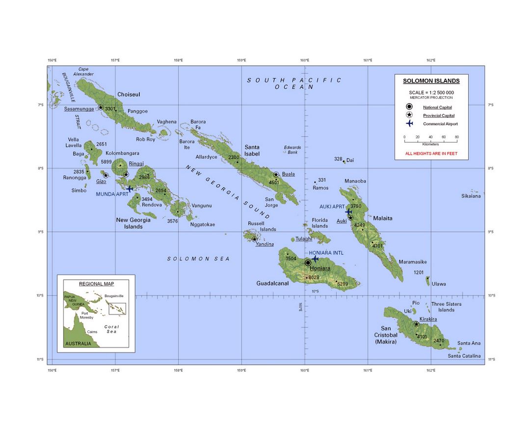 Detailed map of Solomon Islands with relief, large cities and airports