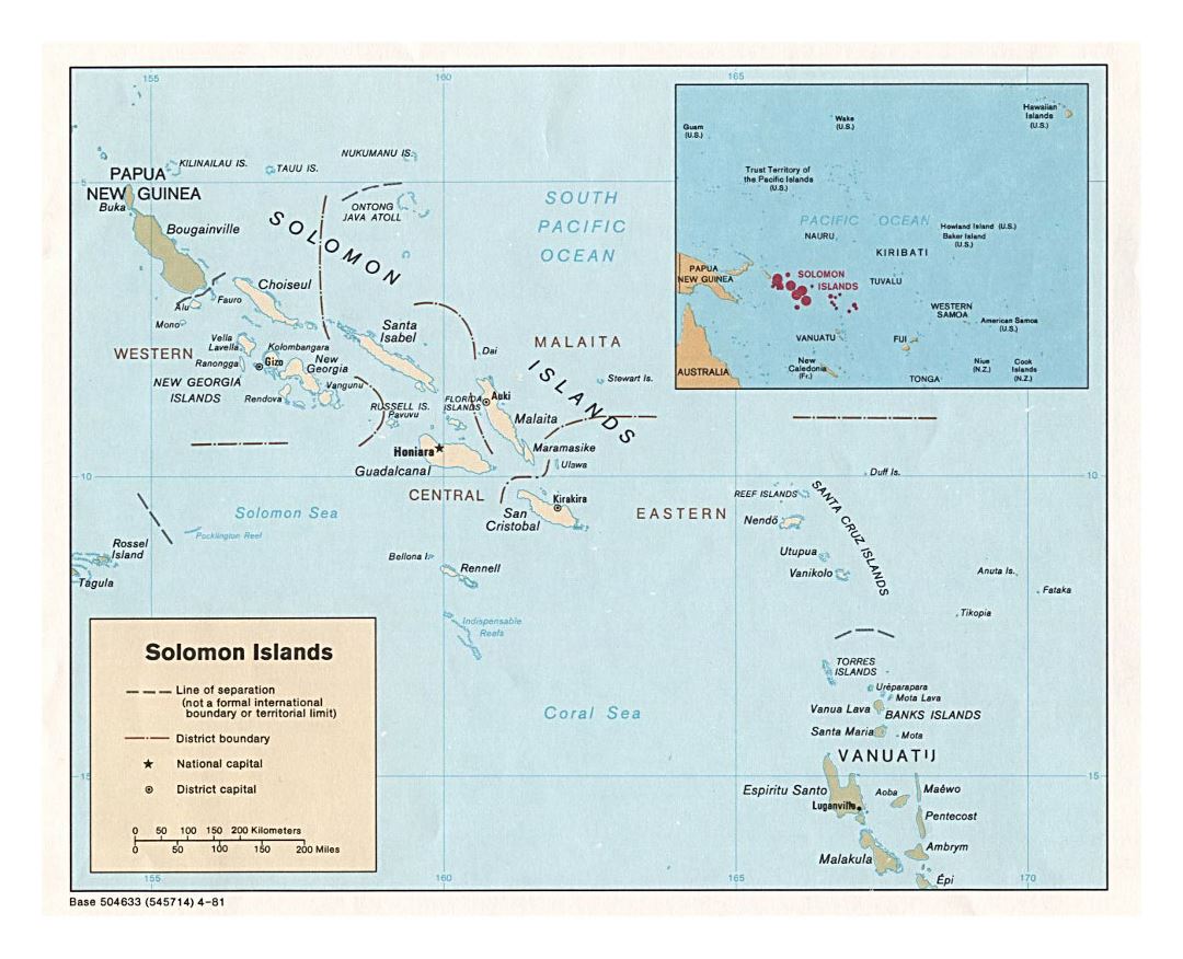 Detailed political and administrative map of Solomon Islands with large cities - 1981
