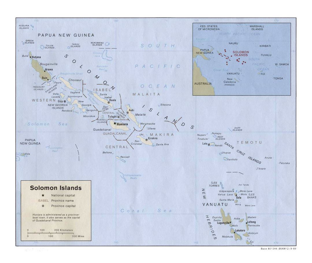 Detailed political and administrative map of Solomon Islands with large cities - 1989